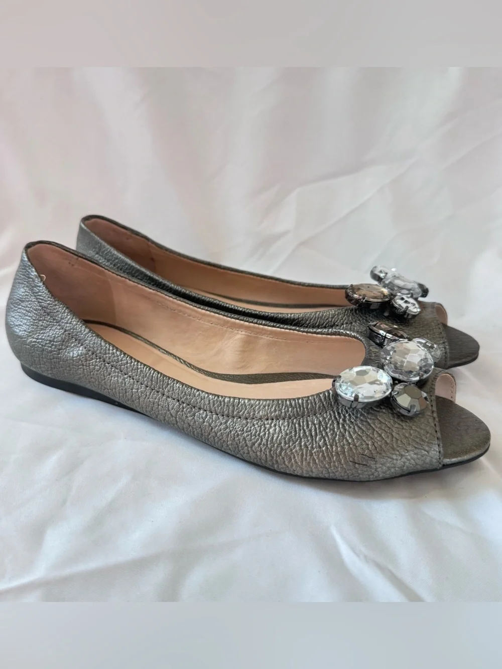 Kate Spade New York Metallic Grey Leather Peep-Toe Flats Dress Shoes Women Sz 7
